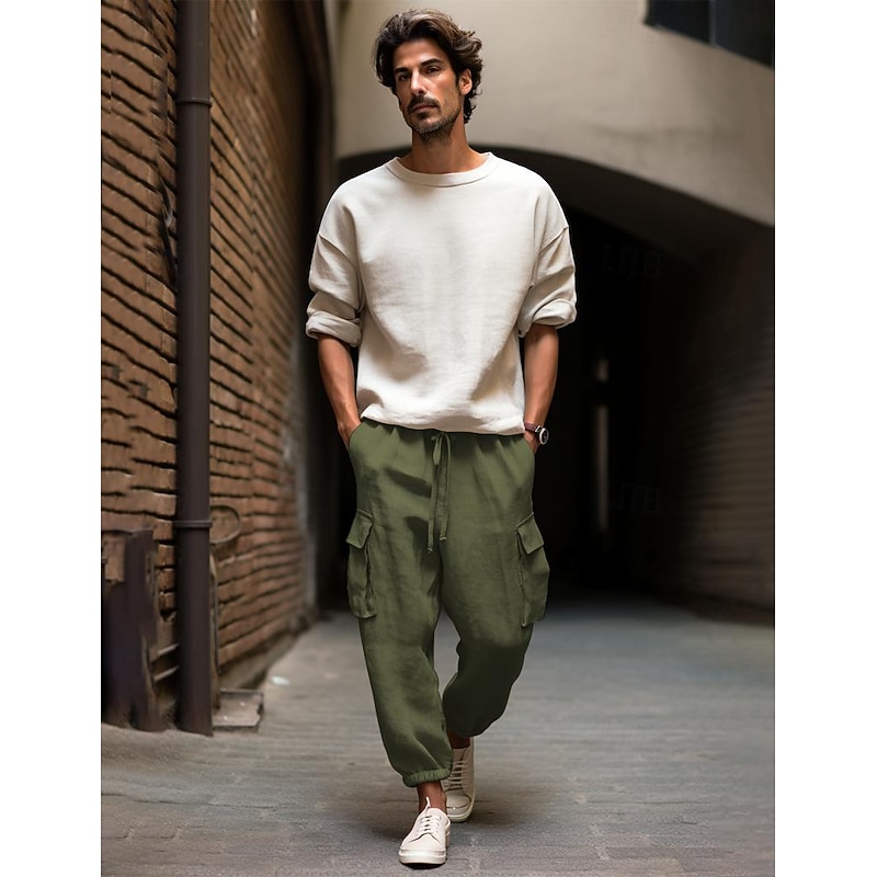40% Linen Men's Linen Pants Trousers Summer Pants Pocket Drawstring Elastic Waist Plain Breathable Comfortable Daily Vacation Going out Classic Casual Black White