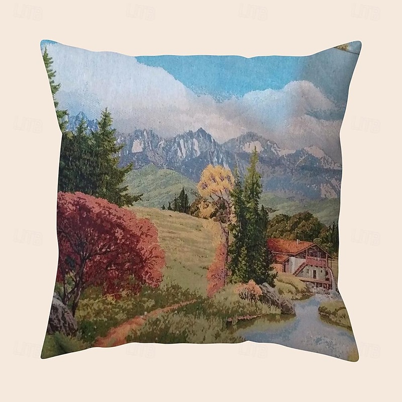 Oil painting village dock cushion cover 1PC short plush double-sided soft decoration square throw pillowcase cushion case pillowcase sofa bedroom washable4