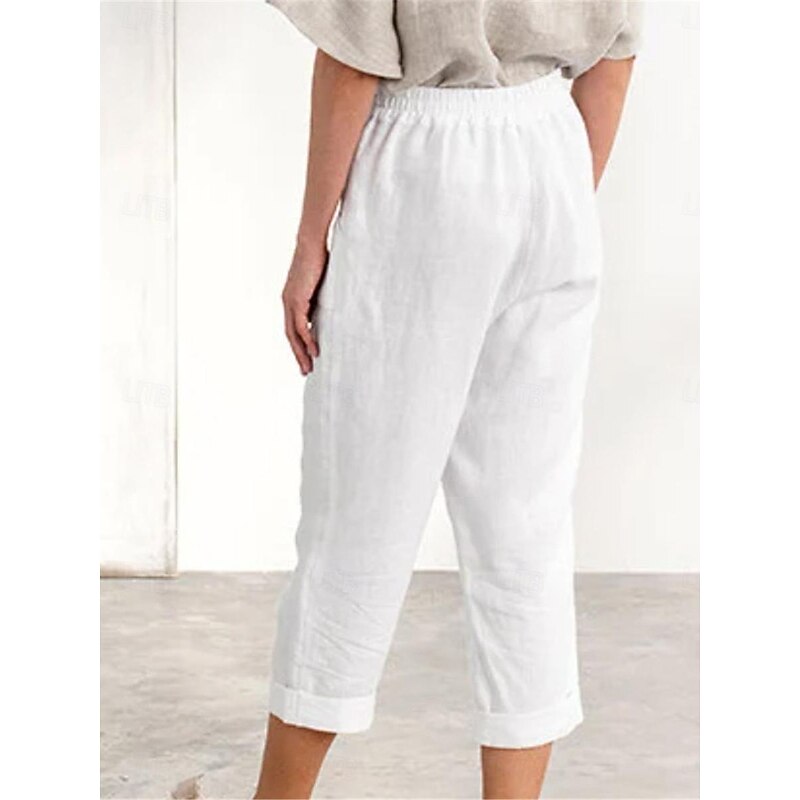 Women's Cotton Linen Pants Fashion Basic Comfort Pure Color Pocket Elastic Waist Breathable Micro-elastic Street Daily Black White Navy Blue Brown Summer2