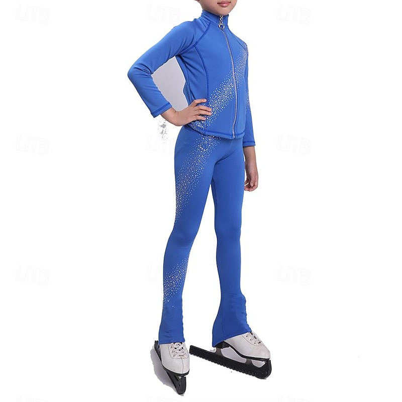 Figure Skating Jacket with Pants Women's Girls' Ice Skating Tights Outfits Royal Blue High Elasticity Training Practice Professional Skating Wear Thermal Warm Crystal / Rhinestone Long Sleeve Ice3