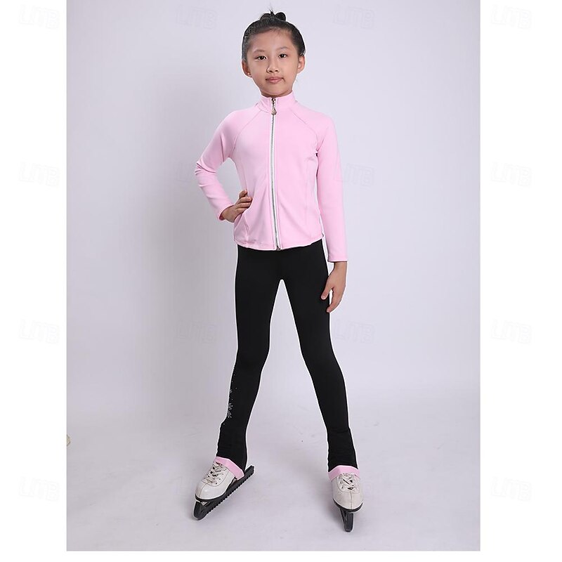 Figure Skating Jacket with Pants Women's Girls' Ice Skating Tights Outfits Pink High Elasticity Training Practice Professional Skating Wear Thermal Warm Crystal / Rhinestone Long Sleeve Ice Skating