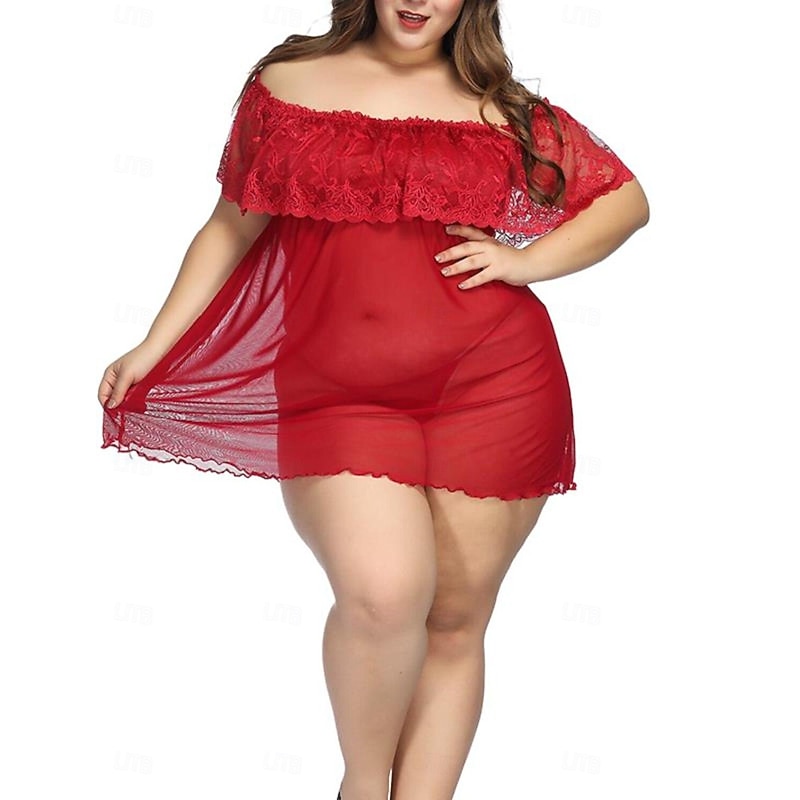 Ladies Sexy Transparent Seductive Sexy Nightgown One Line Shoulder Nightdress Home Outfits2