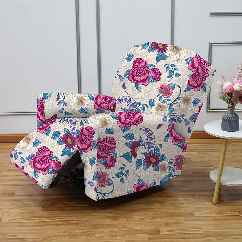 Floral Recliner Covers Slipcovers Lazyboy Covers Couch Chair Cover 4-Pcs Set, Non Slip Reclining with Storage Pockets Furniture Protector for Living Room
