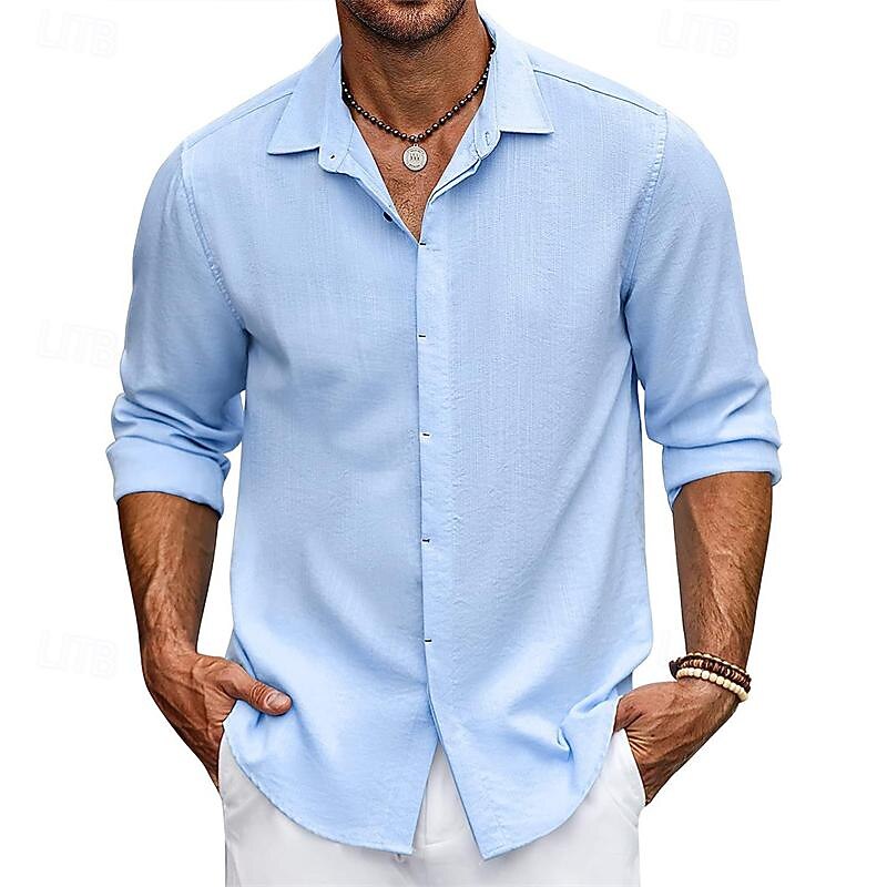 Men's Shirt Summer Shirt Casual Shirt Beach Shirt Button Up Shirt Black White Sky Blue khaki Long Sleeve Plain Lapel Vacation Hawaiian Button-Down Clothing Apparel Polyester Fashion Casual Comfortable2