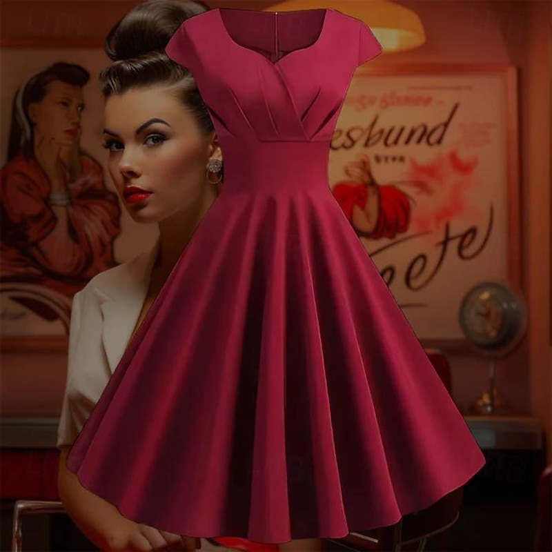 Retro Vintage 1950s Cocktail Dress Knee Length Dress Flare Dress Christmas Party Dress Normal A-Line V Neck Fancy Dress Women's Carnival New Year Masquerade Vacation Casual Dress Adults' Dress