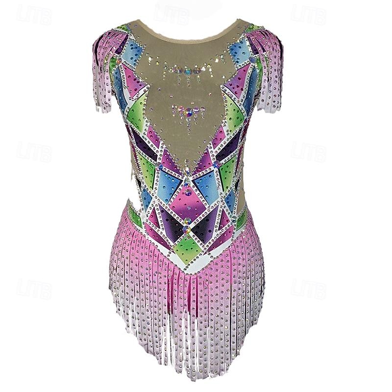Figure Skating Dress Women's Girls' Ice Skating Dress Multi color Patchwork Tassel Mesh Spandex Stretchy Training Practice Professional Skating Wear Crystal / Rhinestone Short Sleeve Figure Skating