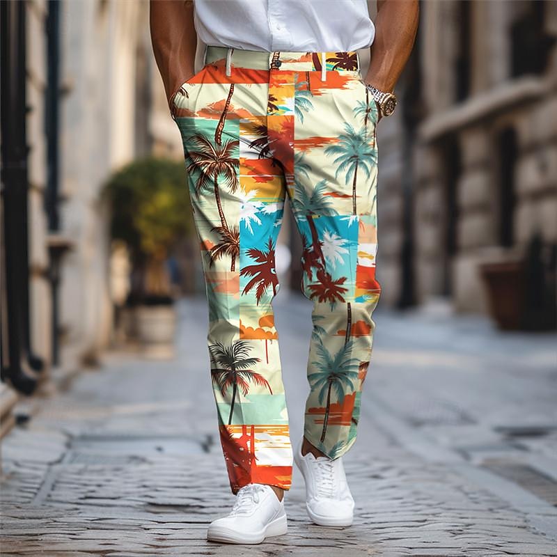 Palm Tree Vacation Hawaiian Men's Resort 3D Printed Dress Pants Flat Front Straight-Leg Polyester Medium Waist Pants Outdoor Vacation Holiday Daily Wear S TO 3XL