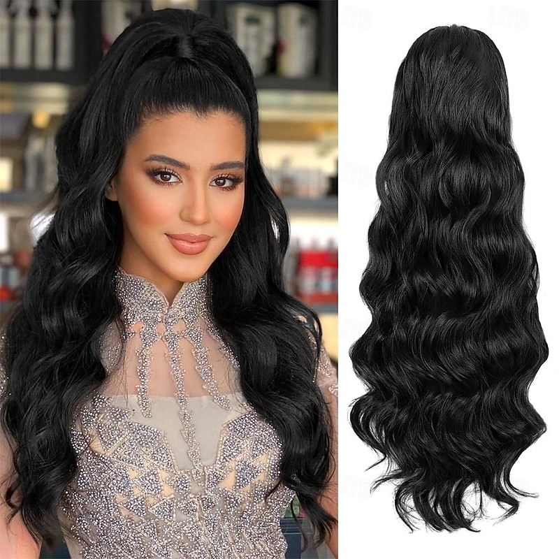 Ponytail Extension Black Drawstring Ponytail Extension for Women 26 Inch Long Wavy Ponytail Extension Synthetic Clip in Pony Tails Hair Extensions for Women Girls