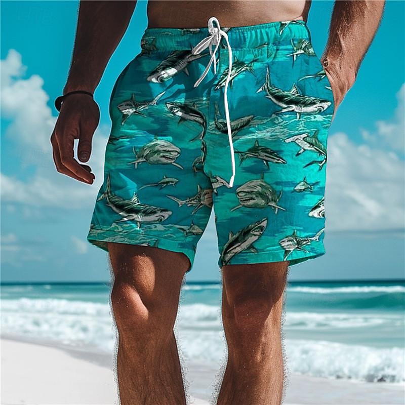 Men's Shark Swimming Trunks Board Shorts Swim Shorts Mid Waist Vacation Hawaiian Holiday Vacation Holiday Beach Drawstring with Mesh lining Elastic Waist Designer Clothing Apparel2