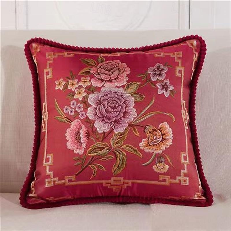 Floral Pattern Pillowslip Embroidery Pattern Car Interior Ornaments Silk Satin Sofa Couch Cushion Cover for Living Room