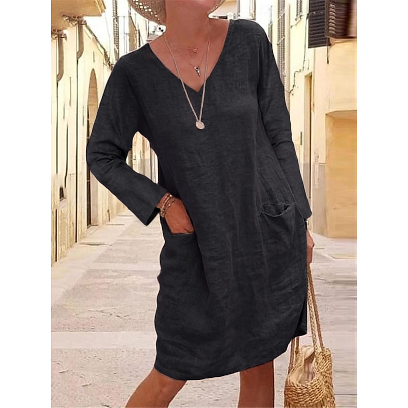 Women's Black Yellow khaki Summer Spring Midi Dress Linen-Inspired Dresses Black Dress Casual Dress Basic Modern Daily Weekend Loose Fit Plain V Neck