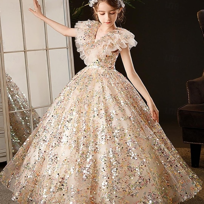 Kids Girls' Flower Girl Dress Party Dress Solid Color 3/4 Length Sleeve Performance Wedding Party Mesh Princess Sweet Mesh Mid-Calf Sheath Dress Tulle Dress Flower Girl's Dress Summer Spring Fall