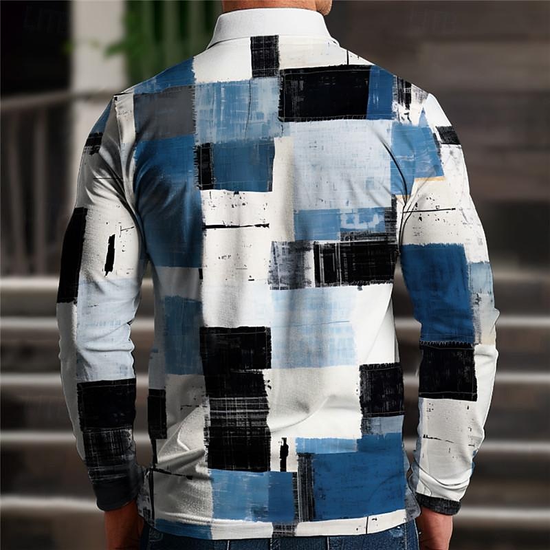 Men's Plaid Polo Shirts Golf Shirt Long Sleeve Polo Shirts Collared Shirts Vintage Casual Vacation Wear Formal Wear Festival Wear 3D Print Buttons Spring & Summer Blue Purple Brown2