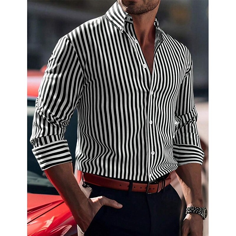 Men's Shirt Summer Shirt Button Up Shirt Casual Shirt Black Red Blue Long Sleeve Stripes Lapel Daily Vacation Clothing Apparel Casual Comfortable Smart Casual