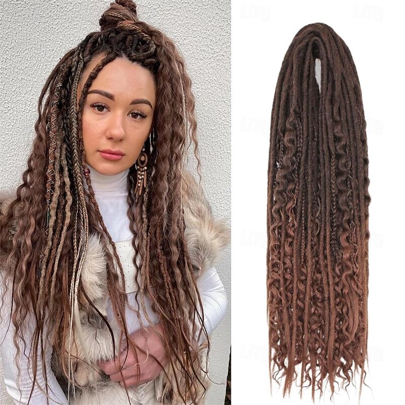 24 Inch 18 Strands Synthetic Double Ended Dreadlock Extensions 3 In 1 Mixed Curly Ends Hippie Style Boho Wavy DE Dreads Braid in Dreadlock Extensions