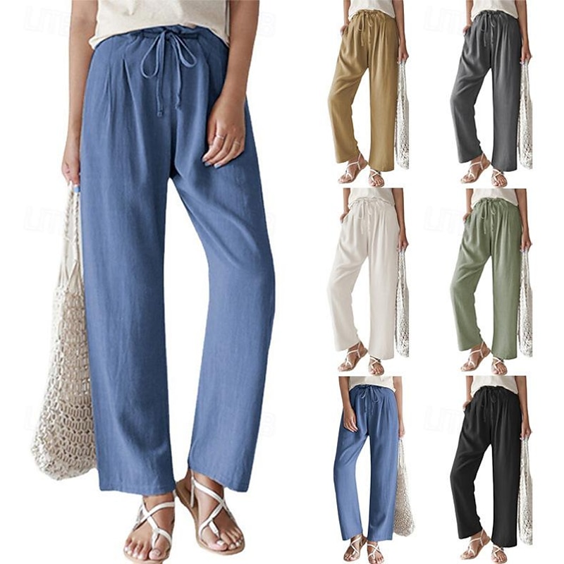 Women's Pants Trousers Linen Cotton Blend Side Pockets Plain Full Length Black Spring & Summer
