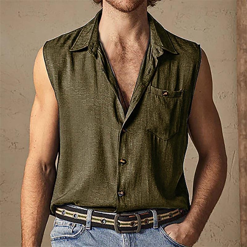 Men's Shirt Summer Shirt Casual Shirt Beach Shirt Button Up Shirt Black White Brown Green Light Blue Sleeveless Plain Lapel Vacation Hawaiian Pocket Clothing Apparel Polyester Fashion Casual4