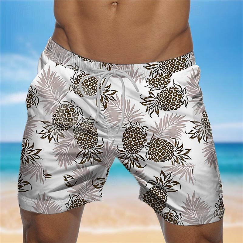 Men's Pineapple Swim Shorts Board Shorts Swimming Trunks Mid Waist Vacation Hawaiian Holiday Vacation Holiday Beach Drawstring with Mesh lining Elastic Waist Designer Clothing Apparel3