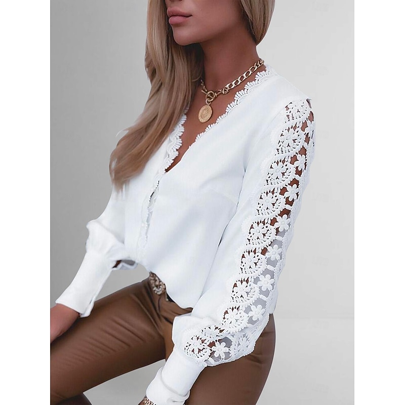Women's Lace Shirt Blouse Eyelet top White Lace Shirt Solid Colored Elegant Fashion Basic V Neck Daily Lace White Spring Fall Winter Fall & Winter