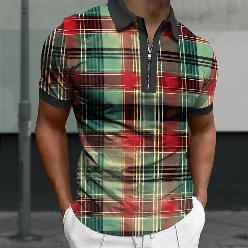 Men's Plaid Zip Polo Shirts Golf Shirt Short Sleeve Polo Shirts Collared Shirts Casual Vacation Wear Formal Wear Festival Wear 3D Print Quarter Zip Polo Summer Yellow Red Blue