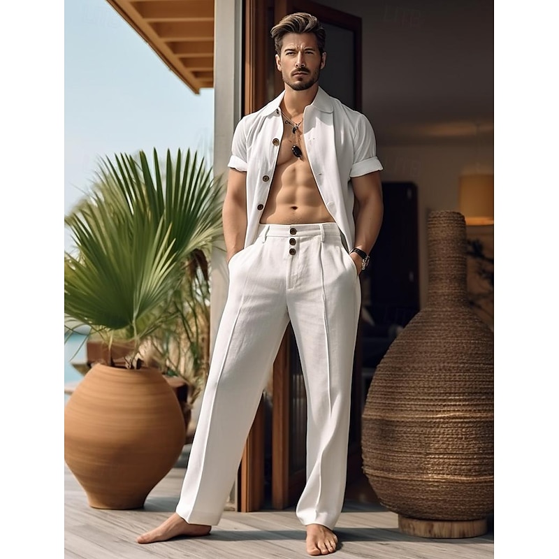 40% Linen Men's Linen Pants Trousers Summer Pants Buttons Pocket Straight Leg Plain Breathable Comfortable Vacation Office / Career Daily Classic Casual Black White4