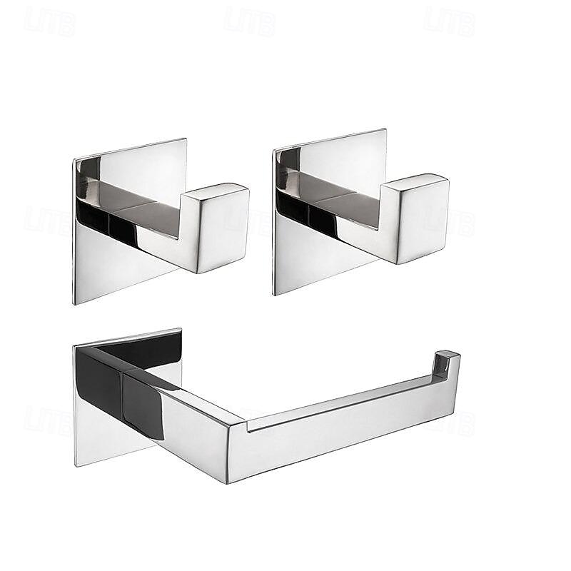 Self-Adhesive Stainless Steel Bathroom Hardware Set - Towel Ring, Toilet Paper Holder, Coat Hook - No-Drill Bathroom Accessories Kit with Adhesive Glue3