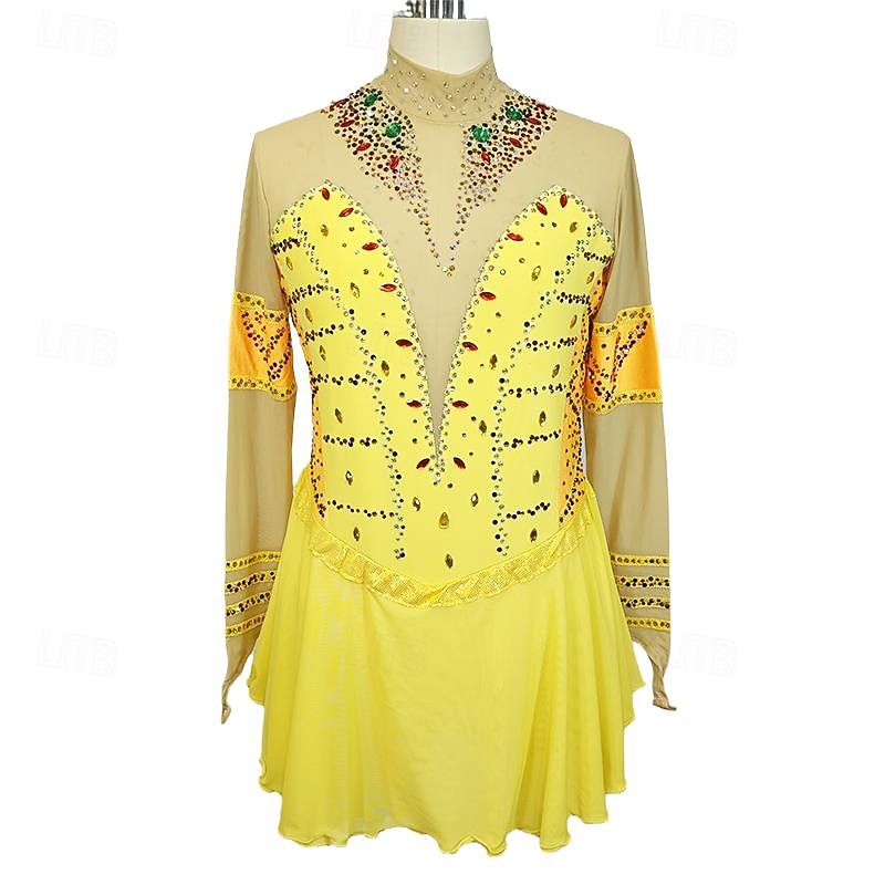 Figure Skating Dress Women's Girls' Ice Skating Dress Yellow Patchwork Thumbhole Mesh Spandex Stretchy Training Practice Professional Skating Wear Crystal / Rhinestone Long Sleeve Ice Skating Figure