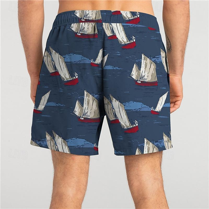 Men's Sailboat Swim Shorts Board Shorts Swimming Trunks Mid Waist Vacation Hawaiian Holiday Vacation Holiday Beach Drawstring with Mesh lining Elastic Waist Designer Clothing Apparel4