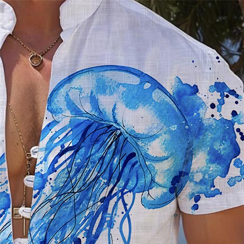 Men's Tropical Jellyfish Summer Hawaiian Shirt Aloha Shirt Printed Shirts Short Sleeves Shirt Standing Collar Hawaiian Resort Vacation Holiday Daily Wear Blue Purple Orange S M L3