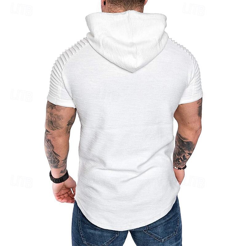 Men's T Shirt Tee Short Sleeve Shirt Tee Top Short Sleeve Hooded Spring & Summer Plain Slim Pleated Fashion Designer Basic Vacation Street Going out Black White Khaki Top Tee for Men4