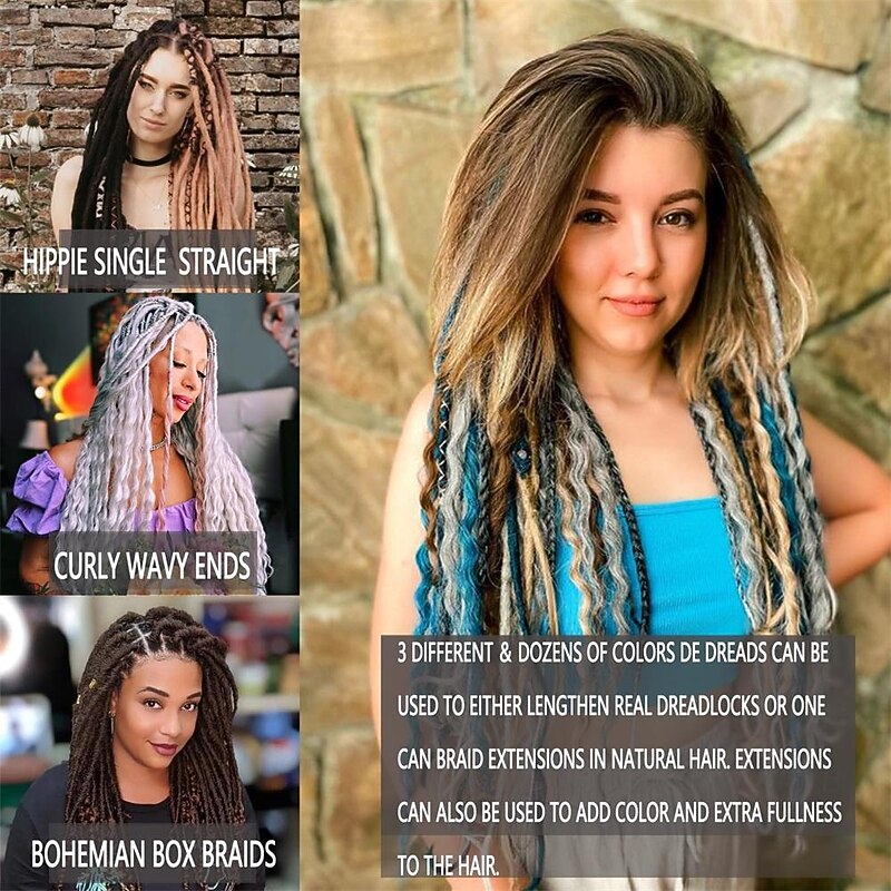 24 Inch 18 Strands Synthetic Double Ended Dreadlock Extensions 3 In 1 Mixed Curly Ends Hippie Style Boho Wavy DE Dreads Braid in Dreadlock Extensions2