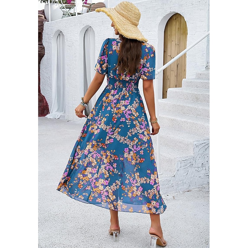 Women's Sheath Dress Chiffon Dress Sundress Floral Graphic Elastic Waist Print V Neck Cold Shoulder Long Dress Maxi Dress Elegant Tropical Party Date Short Sleeve Summer Spring 24