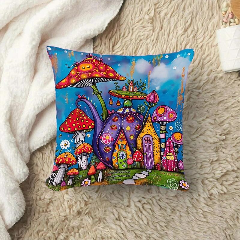 Fantasy Mushrooms Pattern 1PC Throw Pillow Covers Multiple Size Coastal Outdoor Decorative Pillows Soft Velvet Cushion Cases for Couch Sofa Bed Home Decor2