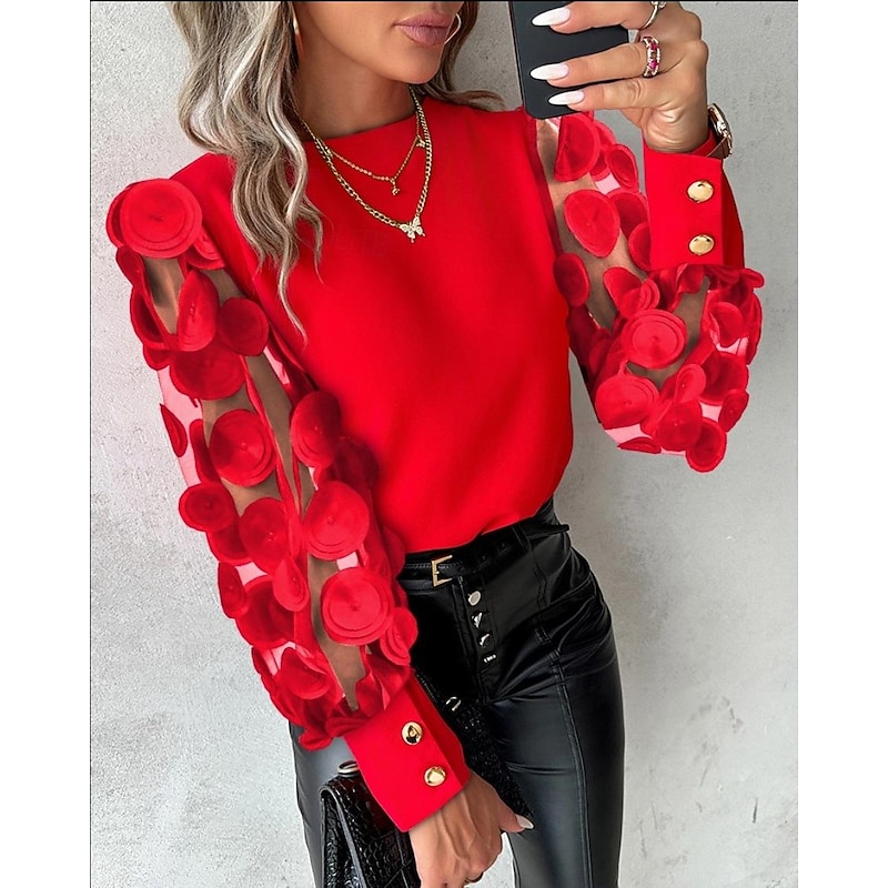Shirt Blouse Women's 6 black Black Red Solid Color Mesh Street Daily Fashion Round Neck S2