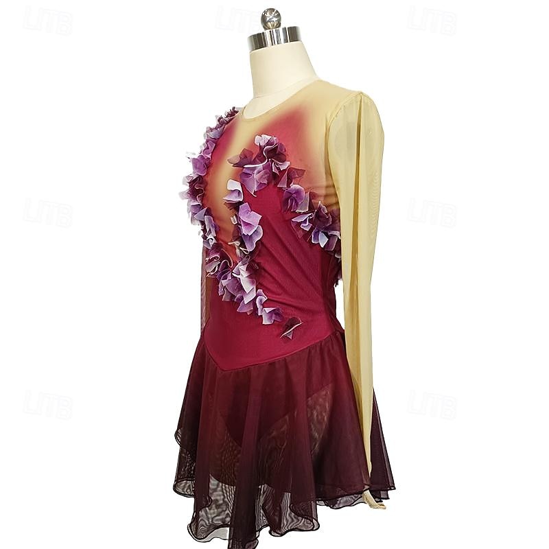 Figure Skating Dress Women's Girls' Ice Skating Dress Burgundy Patchwork Thumbhole Mesh Spandex Stretchy Training Practice Professional Skating Wear Crystal / Rhinestone Long Sleeve Ice Skating4