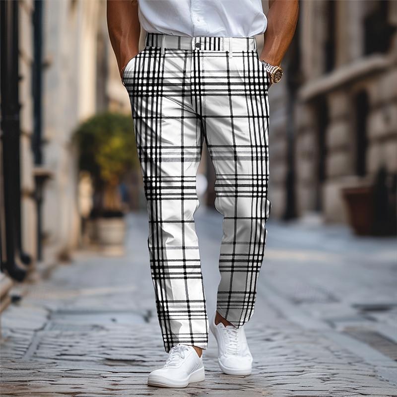 Plaid / Check Business Classic Men's Business 3D Printed Dress Pants Flat Front Straight-Leg Polyester Medium Waist Pants Outdoor Street Wear to Work Daily Wear S TO 3XL