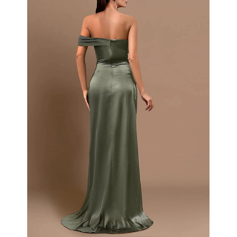 Beach Wedding Mermaid Evening Gown Sexy Dress Wedding Guest Holiday Court Train Sleeveless Off Shoulder Bridesmaid Dress Satin with Ruched Slit Masquerade Dress3