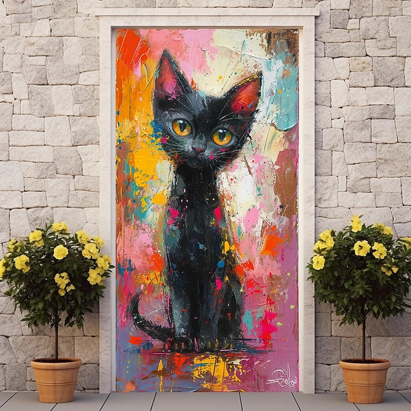 Painting Cat Animal Door Covers Mural Decor Door Tapestry Door Curtain Decoration Backdrop Door Banner Removable for Front Door Indoor Outdoor Home Room Decoration Farmhouse Decor Supplies3