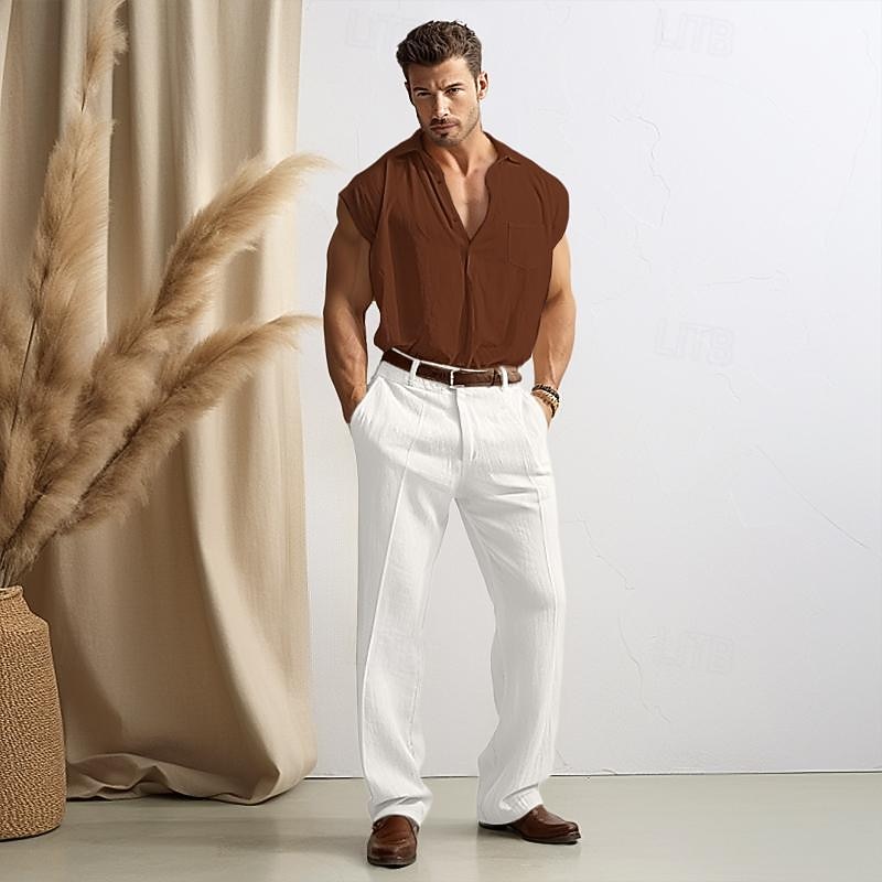 40% Linen Men's Linen Pants Trousers Summer Pants Pocket Straight Leg Plain Breathable Comfortable Office / Career Daily Vacation Classic Casual Black