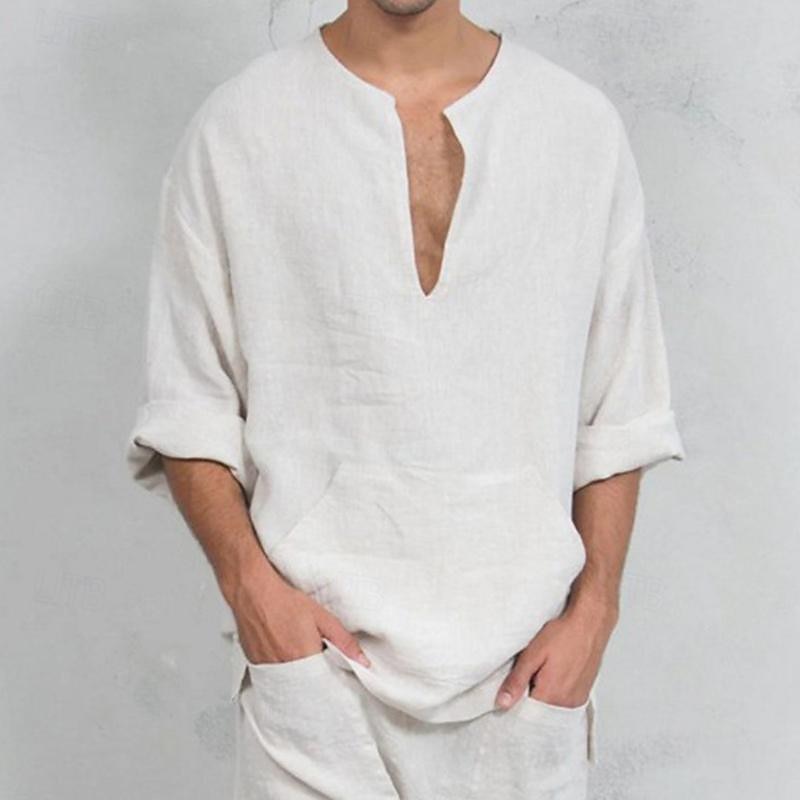 Men's Shirt Summer Shirt Casual Shirt Beach Shirt White Pink Navy Blue Long Sleeve Plain V Neck Vacation Hawaiian Clothing Apparel Cotton Cotton Blend Fashion Casual Comfortable