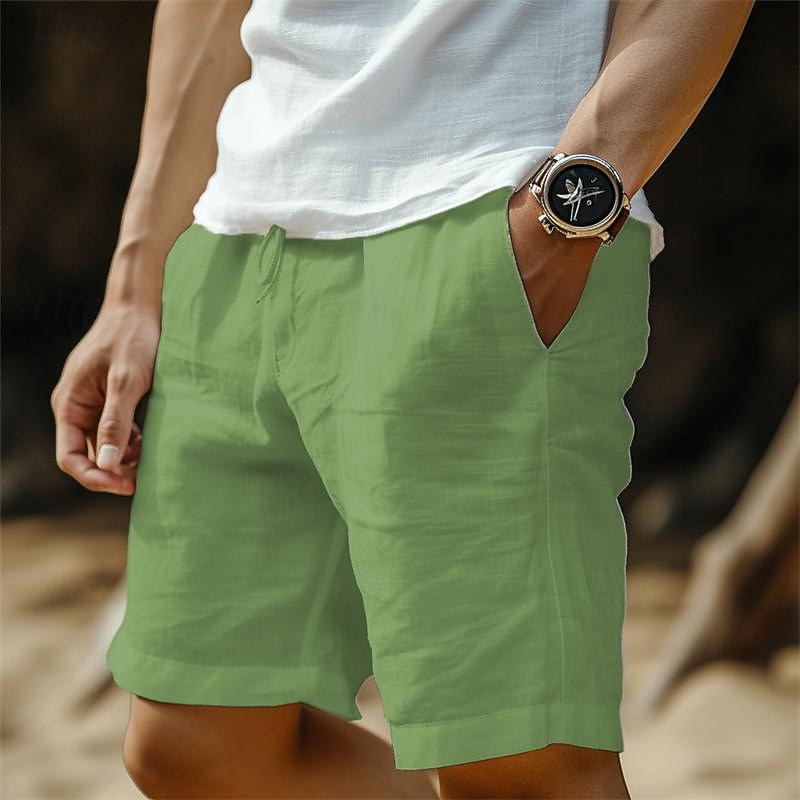 Men's Shorts Linen Shorts Summer Shorts Drawstring Pocket Elastic Waist Plain Comfort Breathable Short Casual Daily Holiday Fashion Classic Style Black White