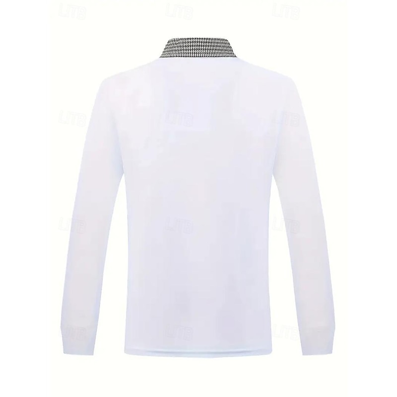 Men's Polo Shirt Golf Shirt Casual Sports Lapel Long Sleeve Fashion Basic Color Block Houndstooth Patchwork Button Spring &  Fall Regular Fit White Red Navy Blue Khaki Light Blue Polo Shirt2
