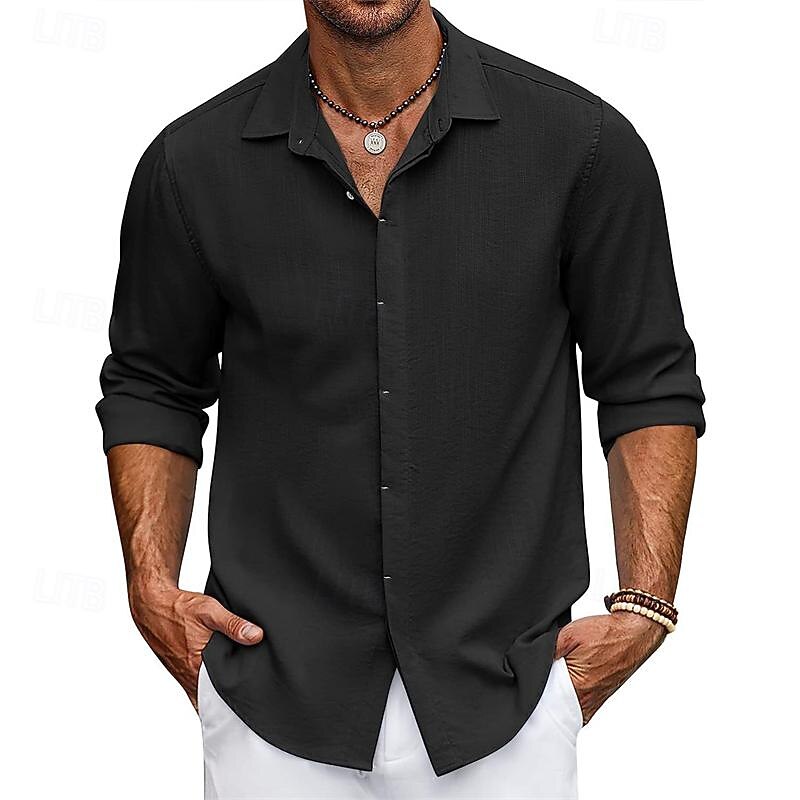Men's Shirt Summer Shirt Casual Shirt Beach Shirt Button Up Shirt Black White Sky Blue khaki Long Sleeve Plain Lapel Vacation Hawaiian Button-Down Clothing Apparel Polyester Fashion Casual Comfortable4
