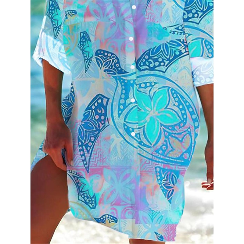 Women's Mini Dress Shirt Dress Hawaiian Shirts  Flowy  Fashion Buttons Print Long Sleeve Long  Shirt Collar Casual Holiday Beach White Blue Purple Summer Holiday Clothes Beach Wear4