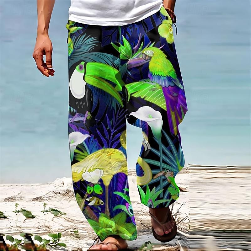Parrot Tropical Hawaiian Men's Resort 3D Printed Casual Pants Trousers Loose Fit Straight-Leg Elastic Waist Drawstring Polyester Aloha Hawaiian Summer Beach Pants S TO 3XL3