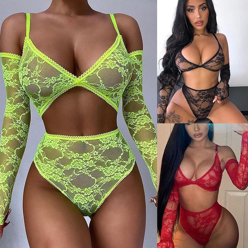 Women's Lace Backless Sexy Erotic Sexy Lingerie Sexy Bodies Nightwear - POLY Spandex Solid Colored Sexy Lingerie Set Home Outfits
