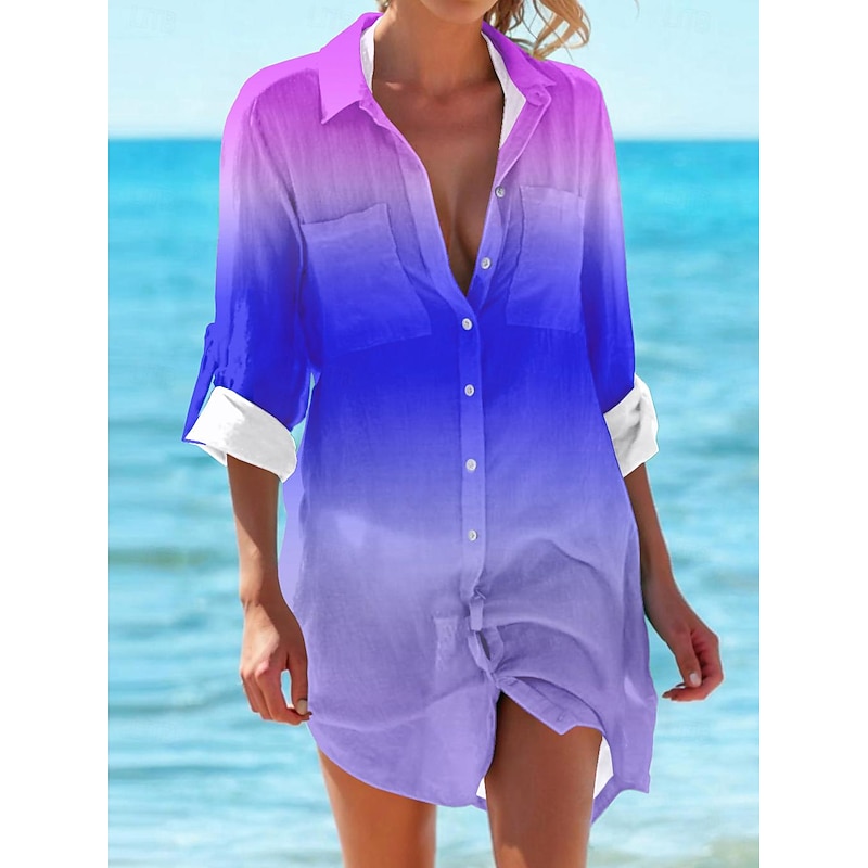 Women's Mini Dress Shirt Dress Hawaiian Shirts  Flowy  Fashion Buttons Print Long Sleeve Long  Shirt Collar Casual Holiday Beach Blue Green Summer Holiday Clothes Beach Wear