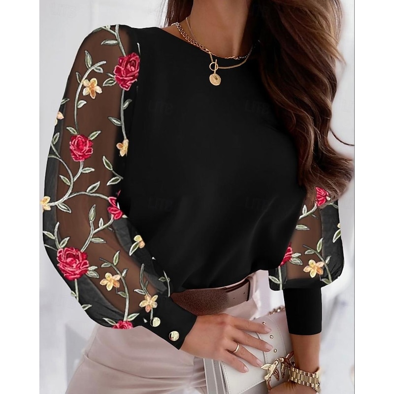 Shirt Blouse Women's 6 black Black Red Solid Color Mesh Street Daily Fashion Round Neck S4