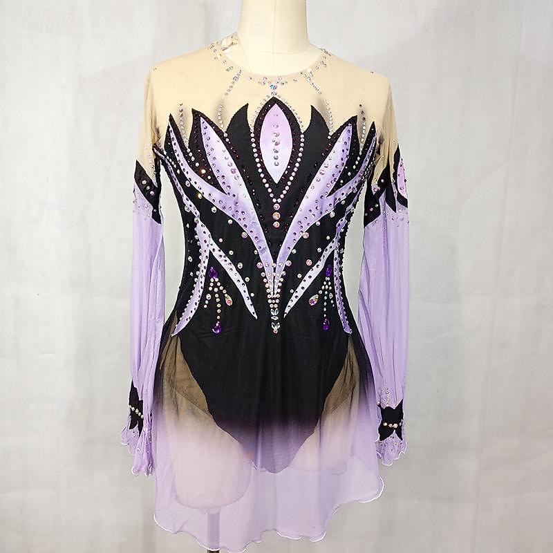 Latin Dance Ballroom Dance Gymnastics Dress Glitter Acrylic Jewels Splicing Women's Girls' Performance Party Long Sleeve Natural Elastic Mesh Elastane