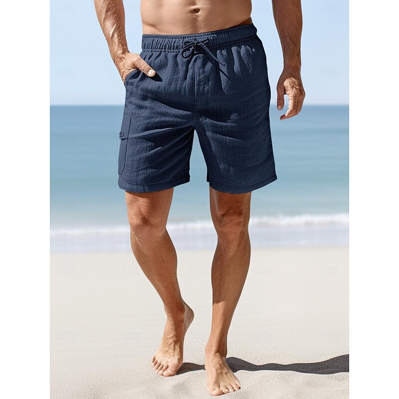 100% Linen Men's Shorts Linen Shorts Summer Shorts Pocket Drawstring Elastic Waist Plain Breathable Comfortable Short Daily Vacation Going out Classic Casual Black Navy Blue